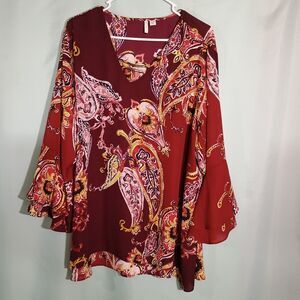 Women’s Burgundy Paisley Blouse – Boho Ruffle Sleeve V-Neck Tunic Top 22/24w